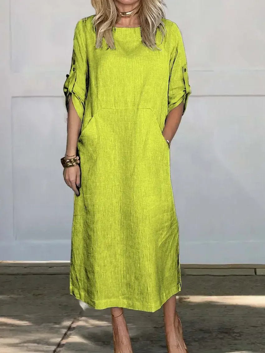 Boho Maxi Dress A-Line Loose Fit Roll-Up Sleeves - Yellow