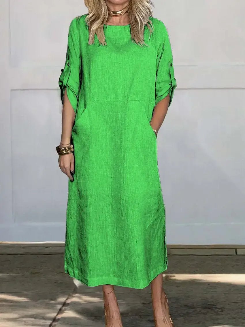 Boho Maxi Dress A-Line Loose Fit Roll-Up Sleeves - Light Green