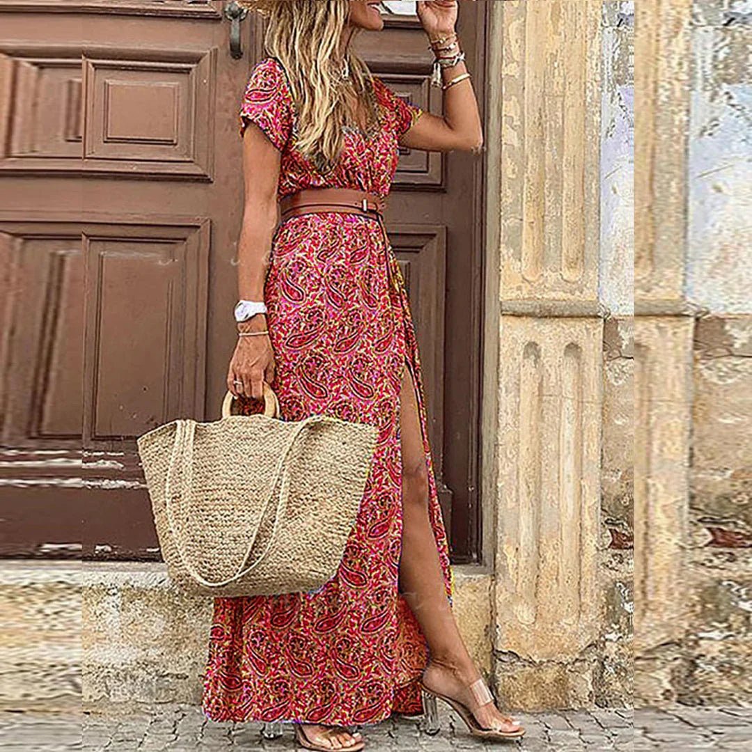 Boho Maxi Dress Airy Summer Gathered Waist Matching Belt - Pink
