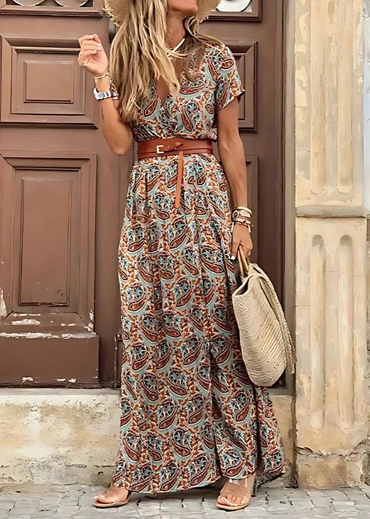 Boho Maxi Dress Airy Summer Gathered Waist Matching Belt - Brown