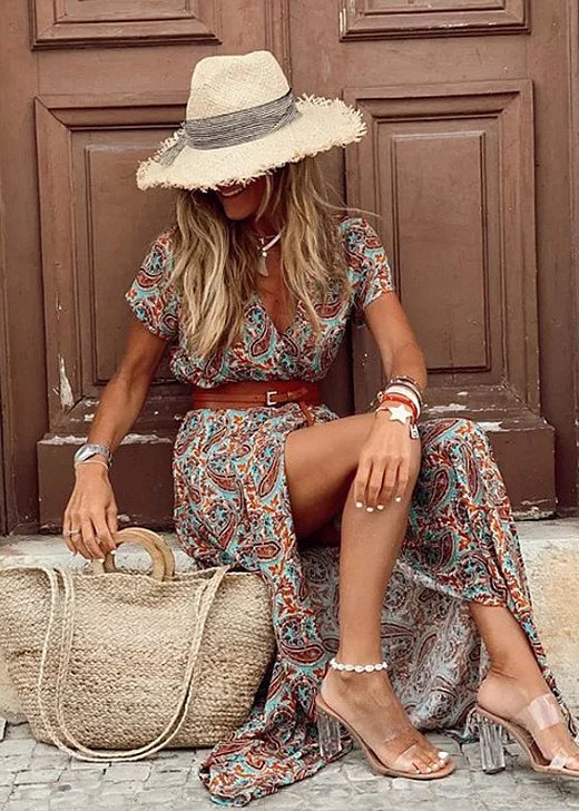 Boho Maxi Dress Airy Summer Gathered Waist Matching Belt