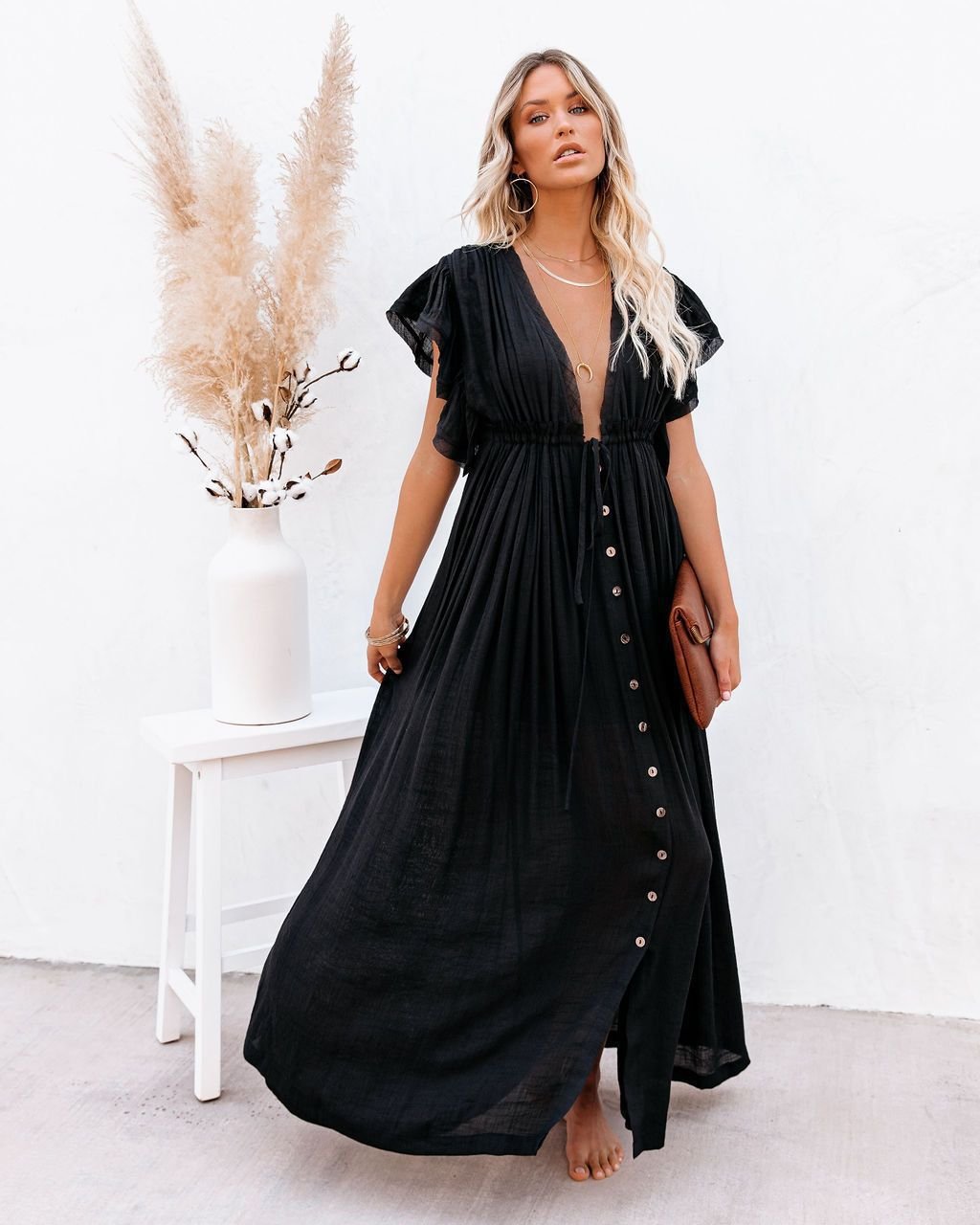 Boho Maxi Dress Deep V-Neck Flutter Sleeves Button Front - Black