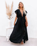 Boho Maxi Dress Deep V-Neck Flutter Sleeves Button Front - Black