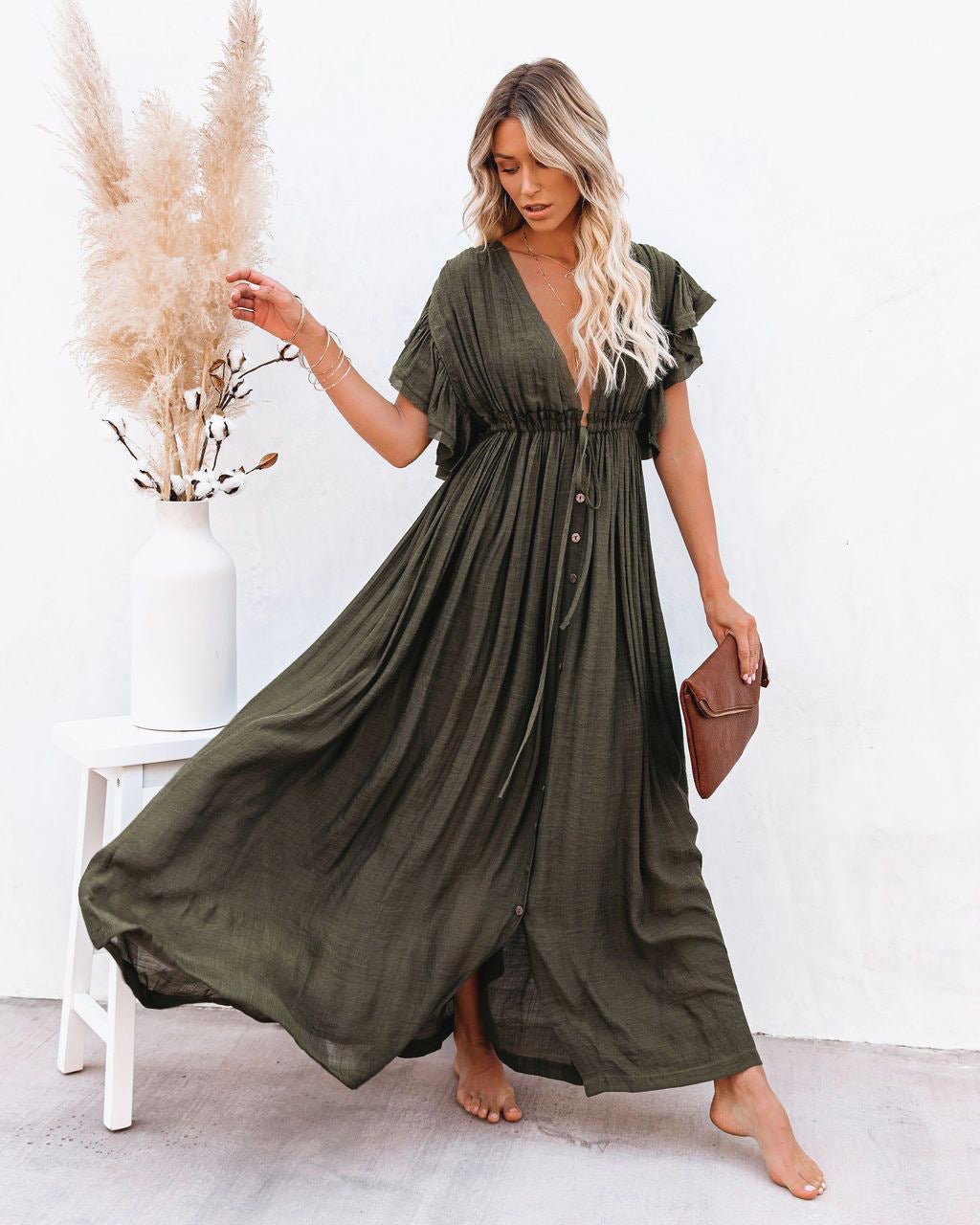 Boho Maxi Dress Deep V-Neck Flutter Sleeves Button Front - Army Green