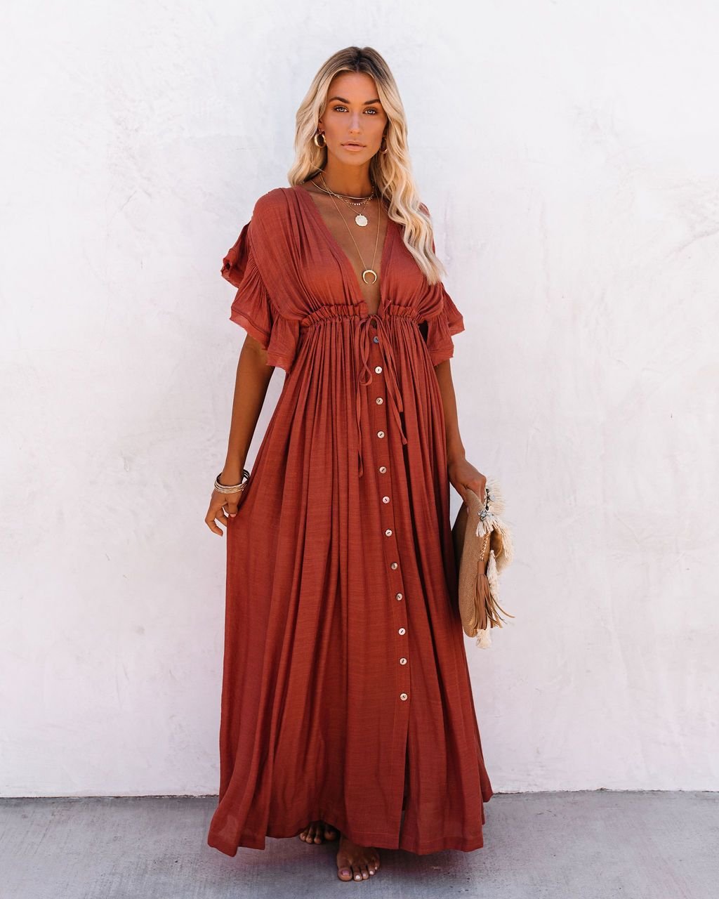 Boho Maxi Dress Deep V-Neck Flutter Sleeves Button Front - Rust