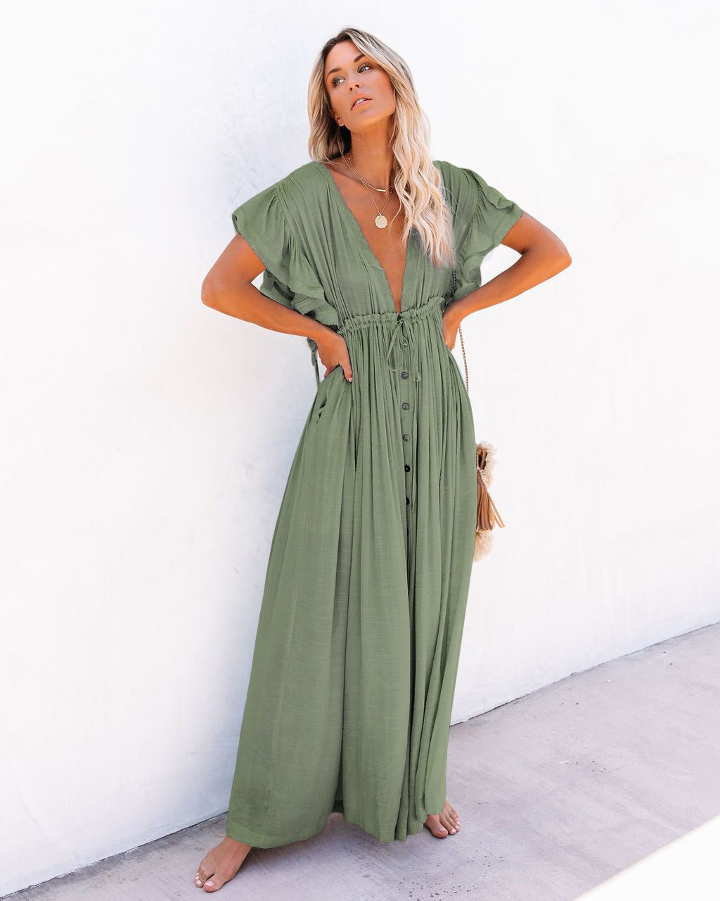 Boho Maxi Dress Deep V-Neck Flutter Sleeves Button Front - Light Green