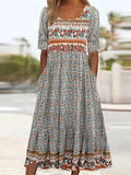 Boho Maxi Dress Floral Print Short Sleeve Round Neck - Multicolor