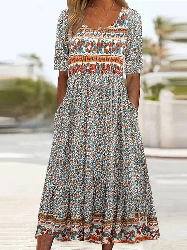 Boho Maxi Dress Floral Print Short Sleeve Round Neck - Multicolor