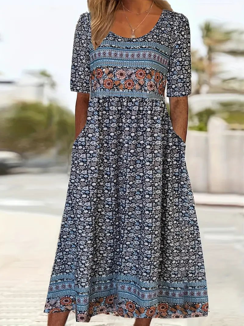Boho Maxi Dress Floral Print Short Sleeve Round Neck - Multicolor1