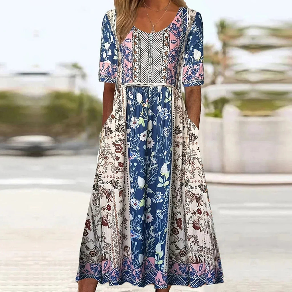 Boho Maxi Dress Floral Print Short Sleeve Round Neck - Multicolor2