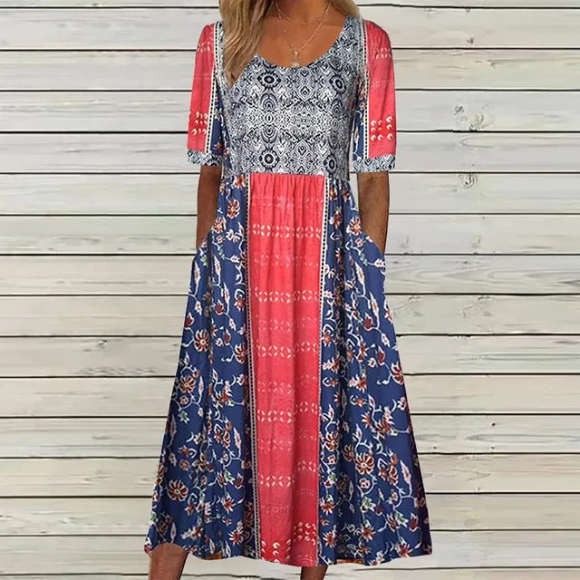 Boho Maxi Dress Floral Print Short Sleeve Round Neck - Multicolor3