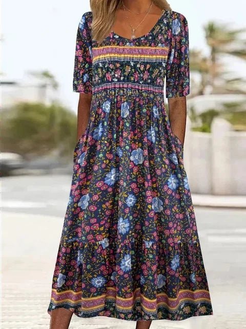 Boho Maxi Dress Floral Print Short Sleeve Round Neck - Multicolor4