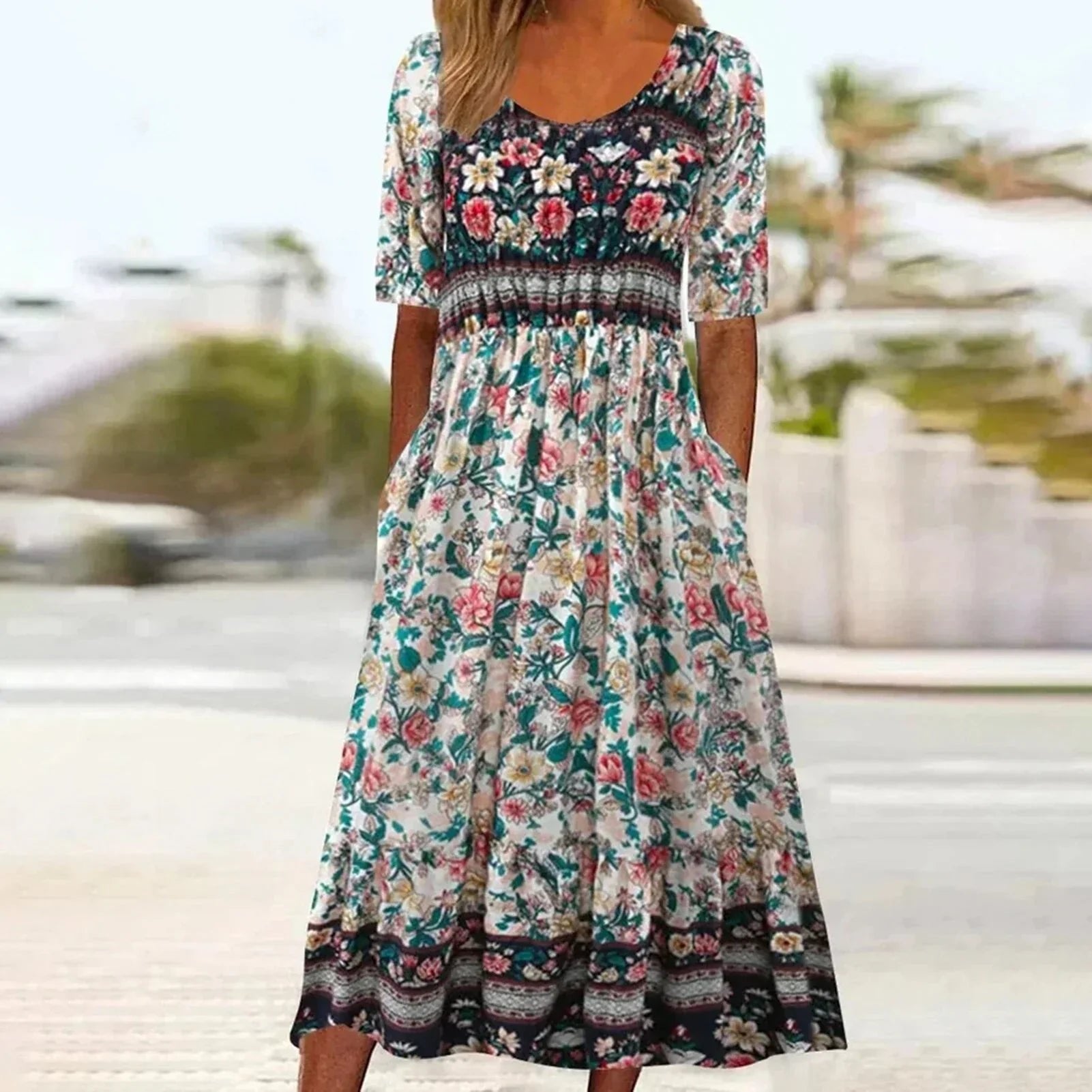 Boho Maxi Dress Floral Print Short Sleeve Round Neck - Multicolor5