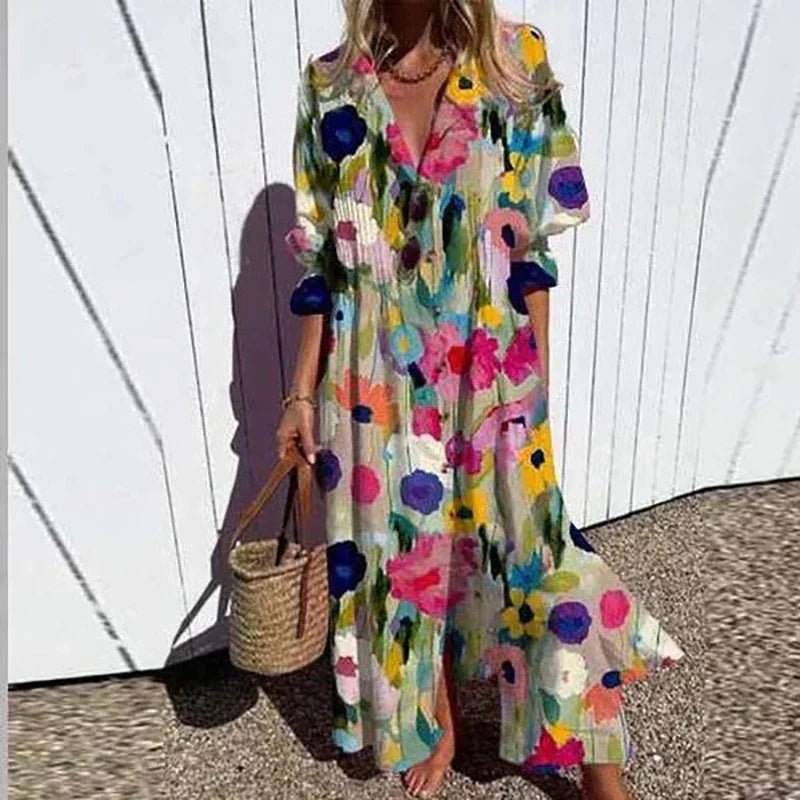 Boho Maxi Dress Floral Print V-Neck Long Sleeve Flowy - Multi flowers