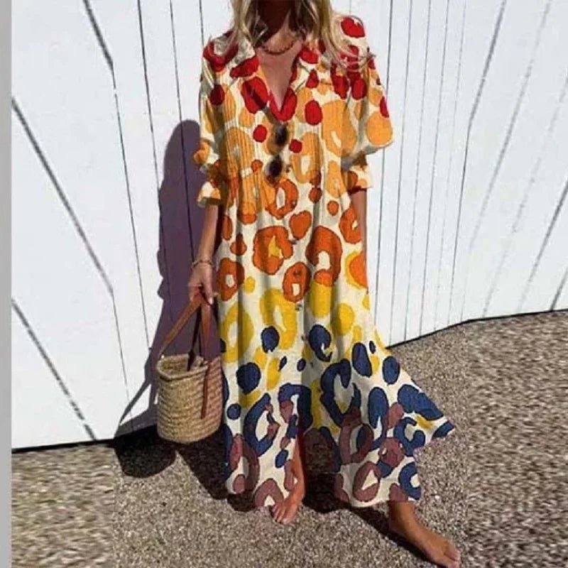 Boho Maxi Dress Floral Print V-Neck Long Sleeve Flowy - Yellow