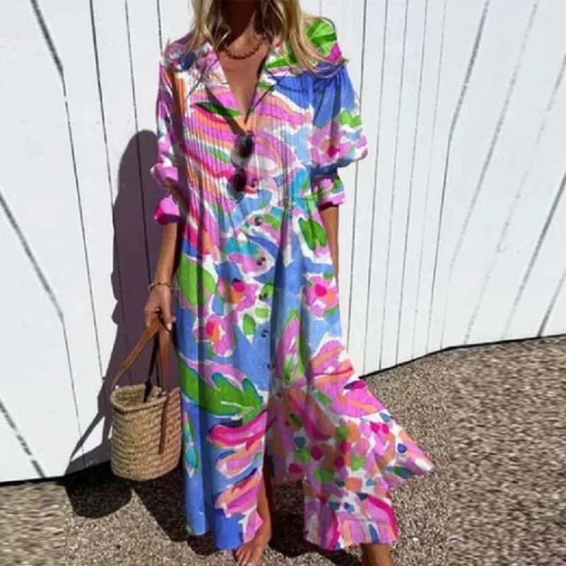 Boho Maxi Dress Floral Print V-Neck Long Sleeve Flowy - Pink