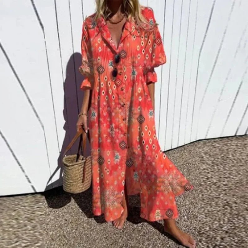 Boho Maxi Dress Floral Print V-Neck Long Sleeve Flowy - Red