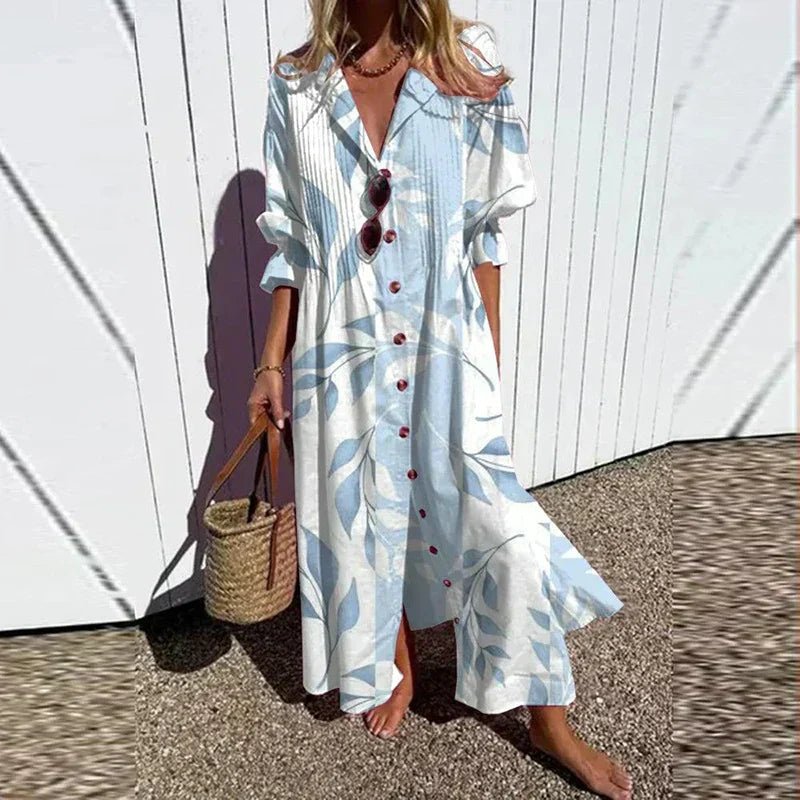 Boho Maxi Dress Floral Print V-Neck Long Sleeve Flowy - Light blue
