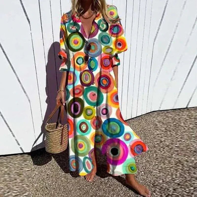 Boho Maxi Dress Floral Print V-Neck Long Sleeve Flowy - Multi circles