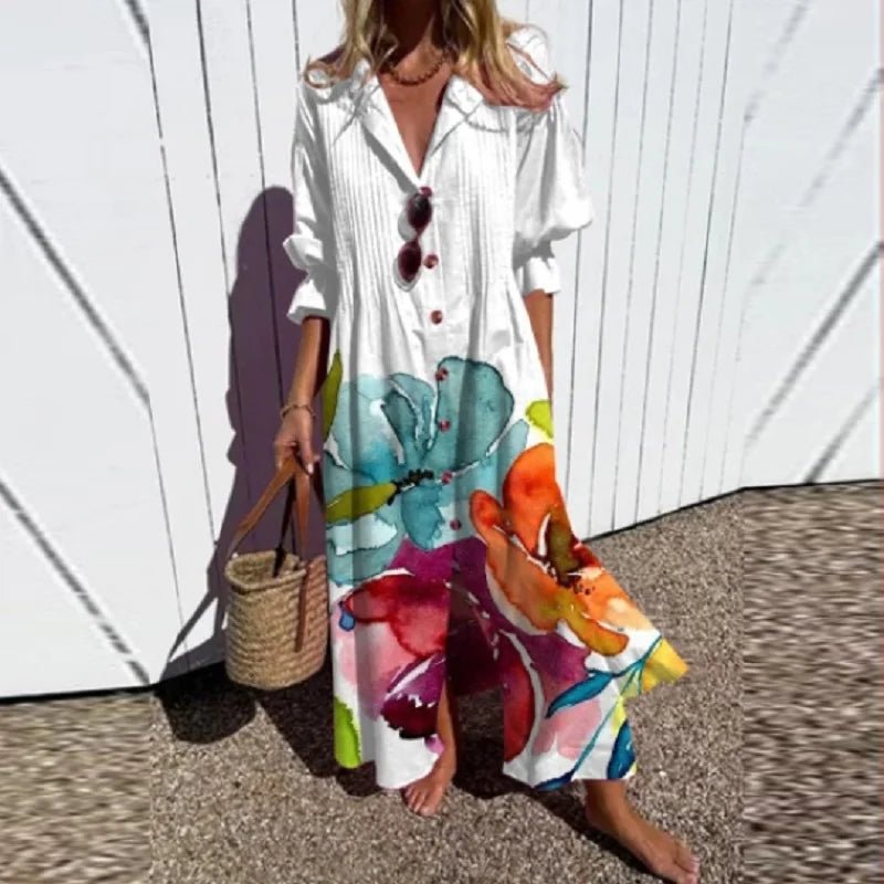 Boho Maxi Dress Floral Print V-Neck Long Sleeve Flowy - White