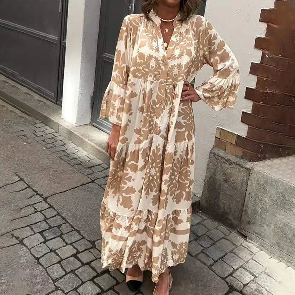 Boho Maxi Dress Flowy V-Neck Long Sleeve Printed - Brown