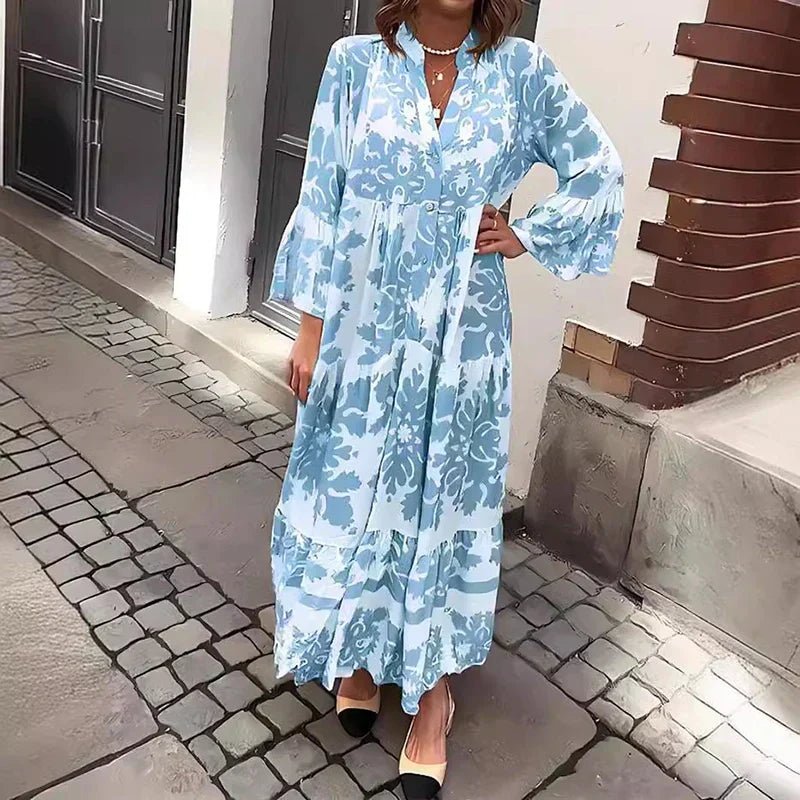 Boho Maxi Dress Flowy V-Neck Long Sleeve Printed - Blue