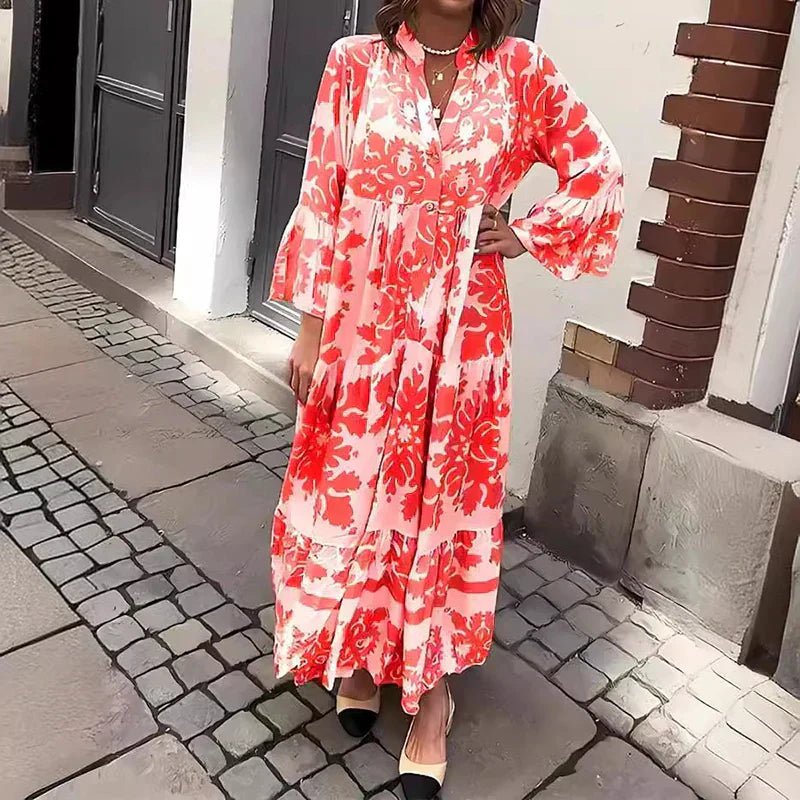 Boho Maxi Dress Flowy V-Neck Long Sleeve Printed - Red
