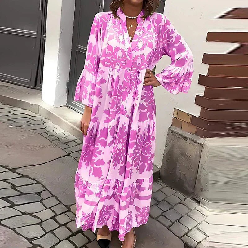 Boho Maxi Dress Flowy V-Neck Long Sleeve Printed - Purple