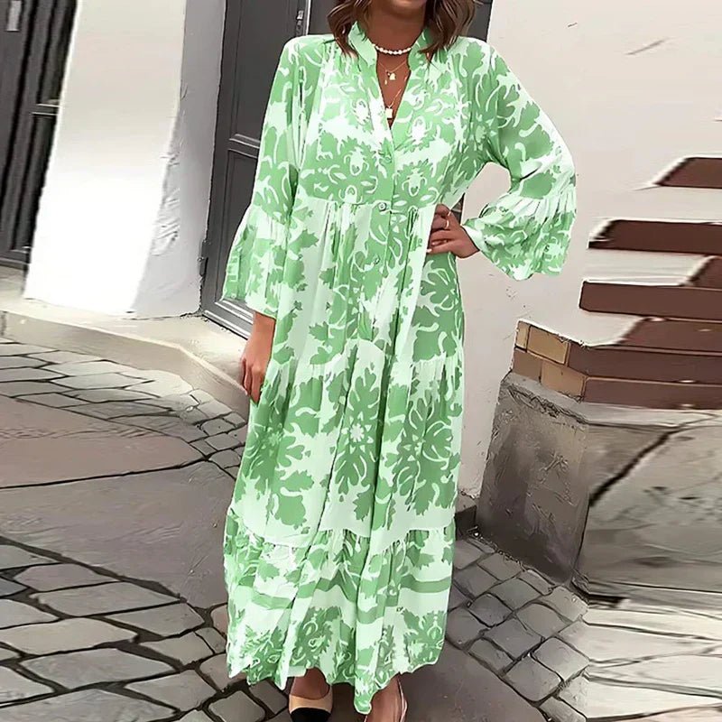 Boho Maxi Dress Flowy V-Neck Long Sleeve Printed - Green