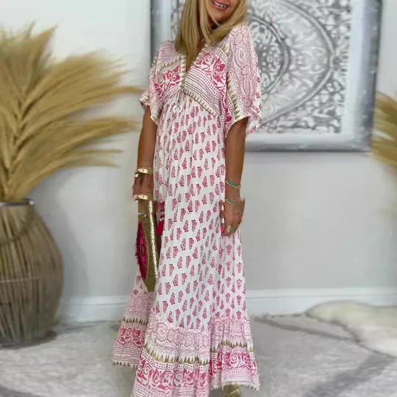 Boho Maxi Dress Flutter Sleeve Print Flowy Summer - Pink