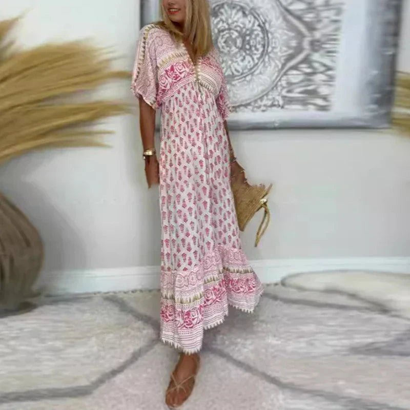 Boho Maxi Dress Flutter Sleeve Print Flowy Summer