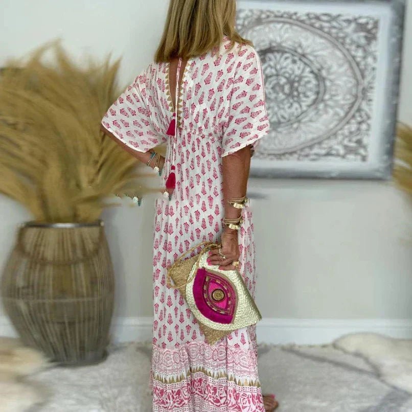 Boho Maxi Dress Flutter Sleeve Print Flowy Summer