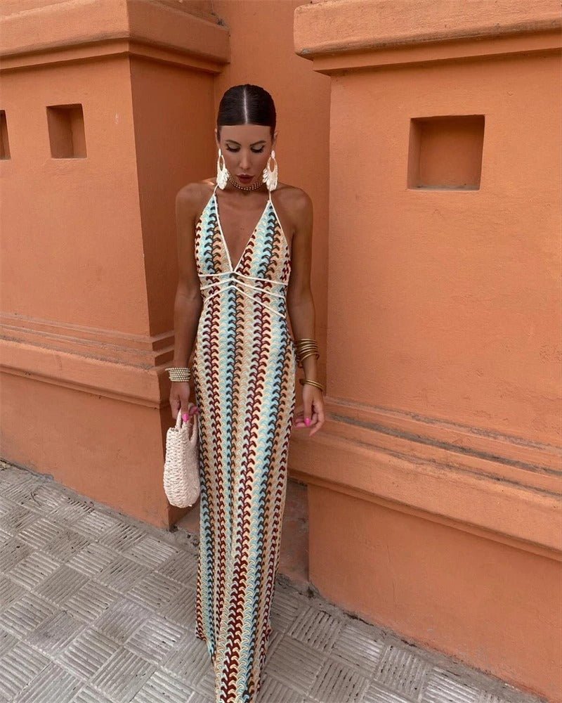 Boho Maxi Dress Halter V-Neck Geometric Print Summer - Beige-Multi