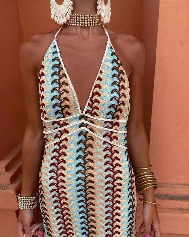 Boho Maxi Dress Halter V-Neck Geometric Print Summer