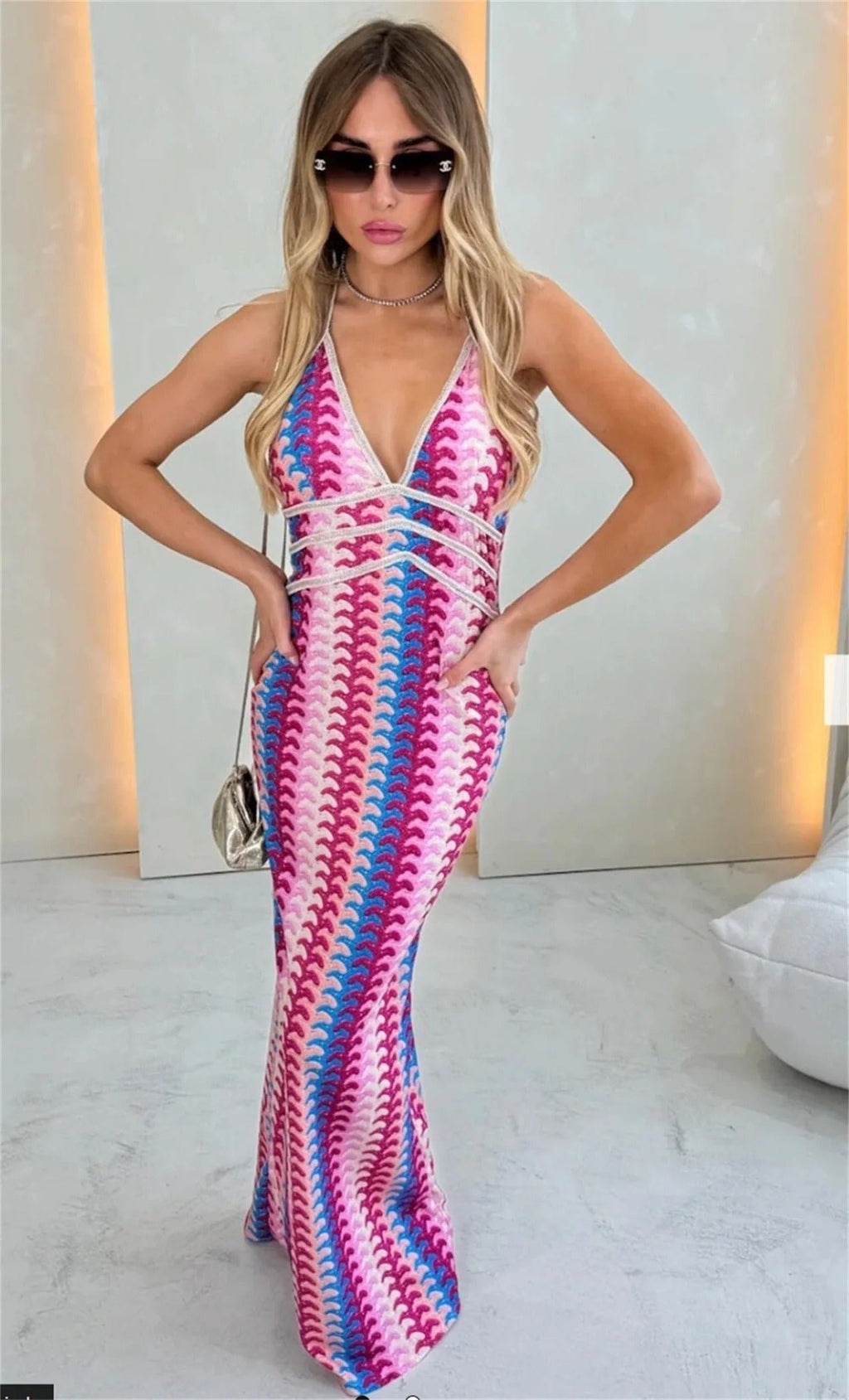 Boho Maxi Dress Halter V-Neck Geometric Print Summer