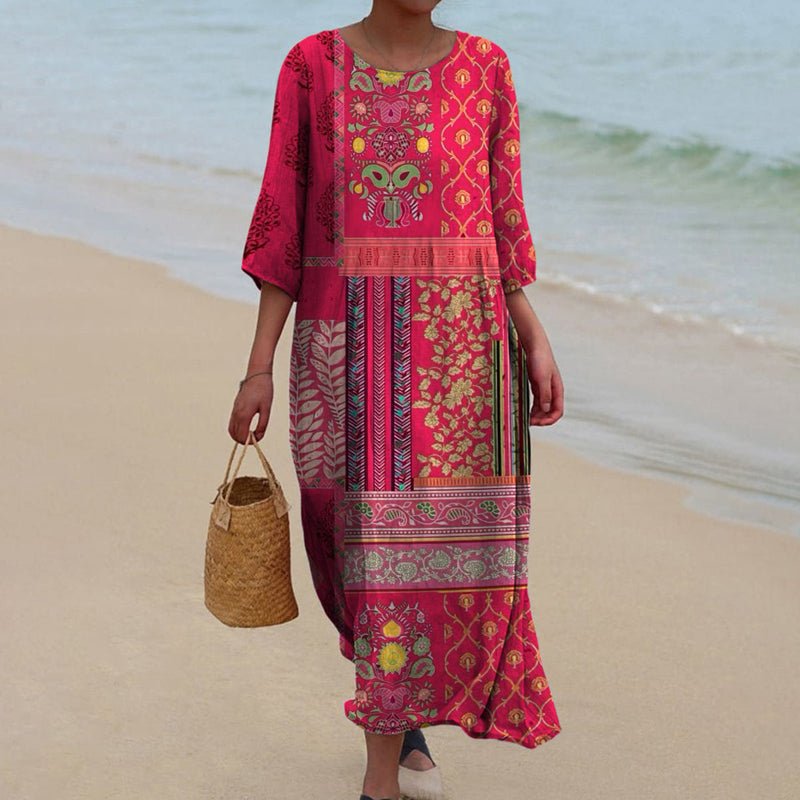 Boho Maxi Dress Mixed Panel Design Loose Fit - Red