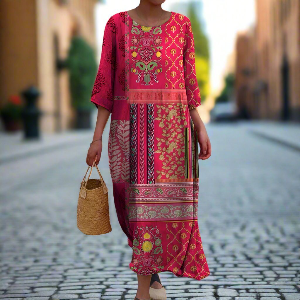 Boho Maxi Dress Mixed Panel Design Loose Fit