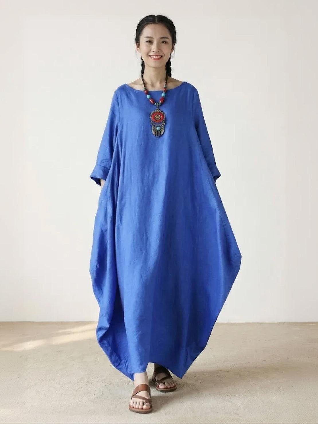 Boho Maxi Dress Oversized 3/4 Sleeve Batwing Floor Length - Royal Blue