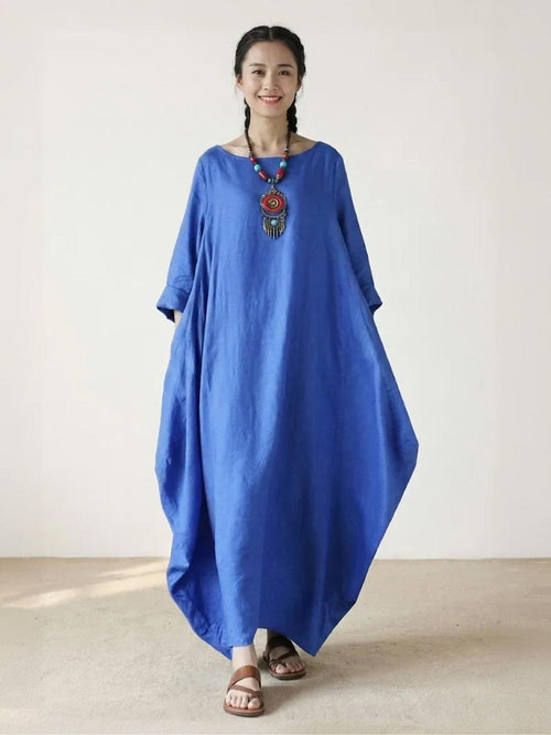 Boho Maxi Dress Oversized 3/4 Sleeve Batwing Floor Length - Royal Blue