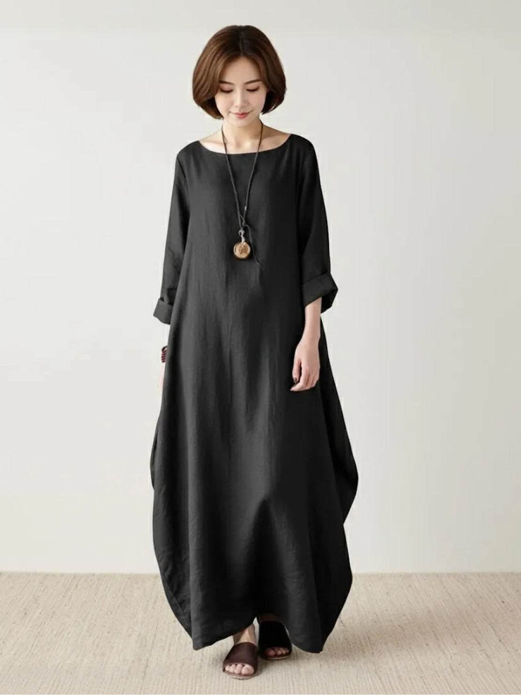 Boho Maxi Dress Oversized 3/4 Sleeve Batwing Floor Length - Black