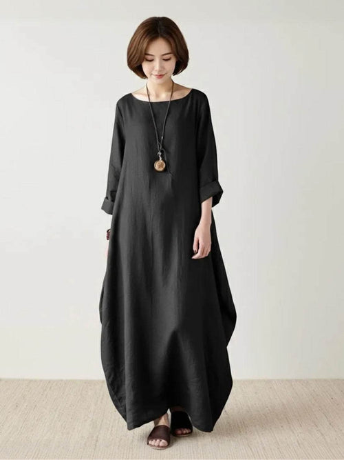 Boho Maxi Dress Oversized 3/4 Sleeve Batwing Floor Length - Black