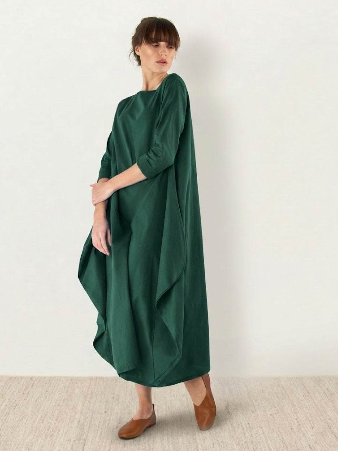 Boho Maxi Dress Oversized 3/4 Sleeve Batwing Floor Length - Dark Green
