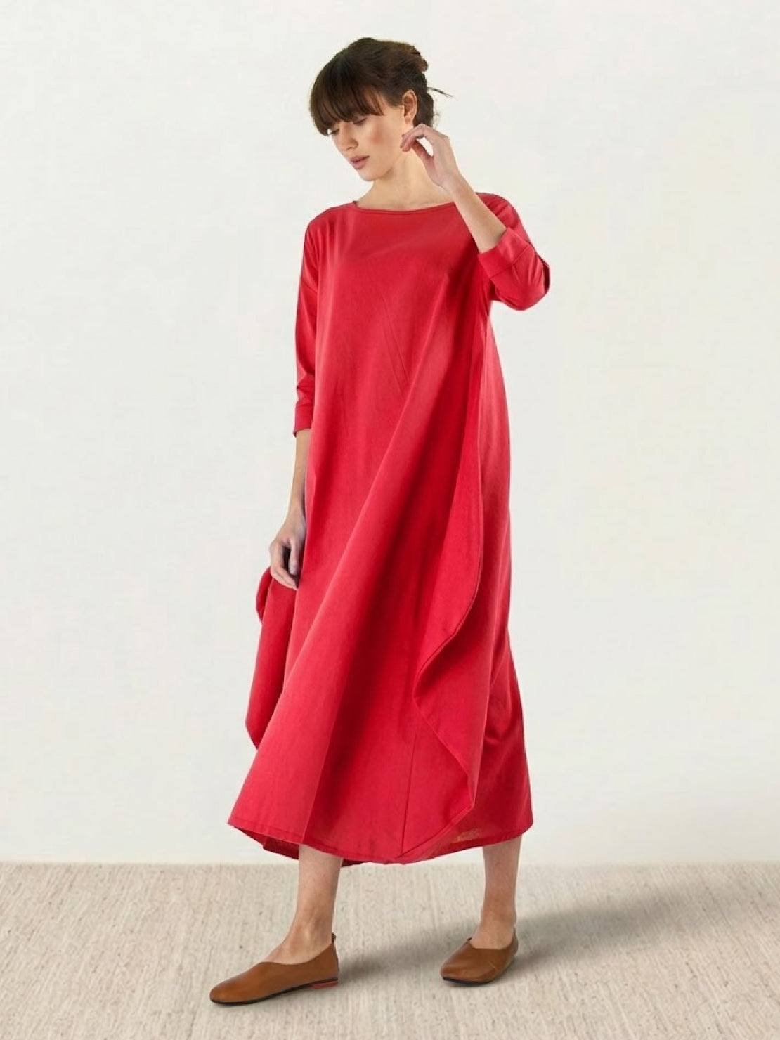 Boho Maxi Dress Oversized 3/4 Sleeve Batwing Floor Length - Red