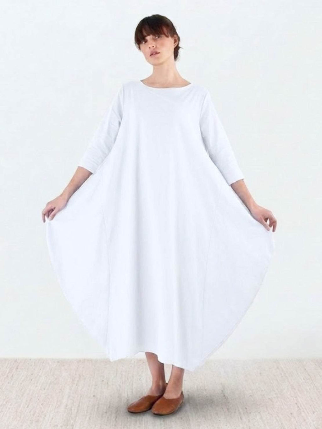 Boho Maxi Dress Oversized 3/4 Sleeve Batwing Floor Length - White