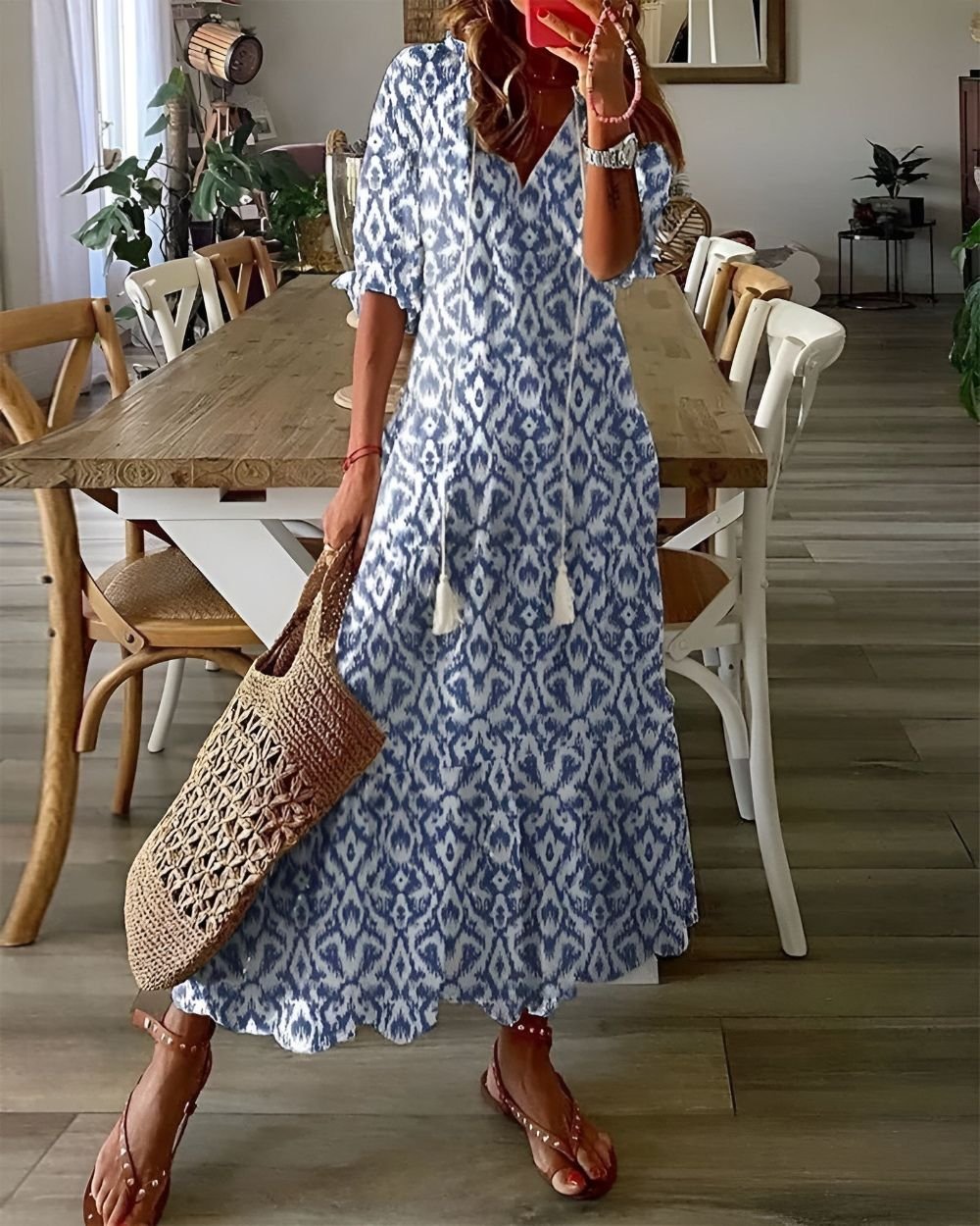 Boho Maxi Dress Short Sleeve Tassel Detail Flowing - Blue (Almost sold out)