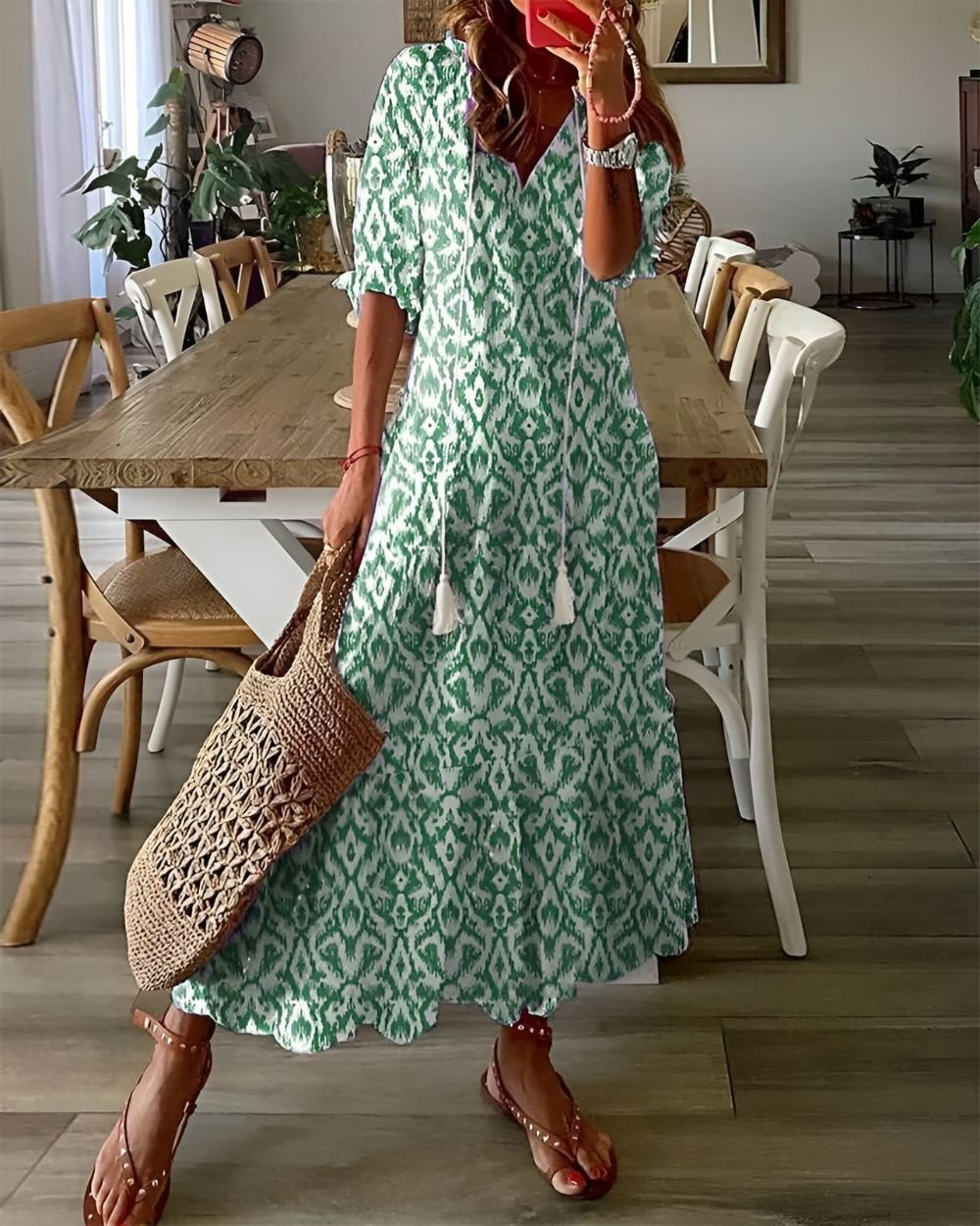 Boho Maxi Dress Short Sleeve Tassel Detail Flowing - Green (Almost sold out)