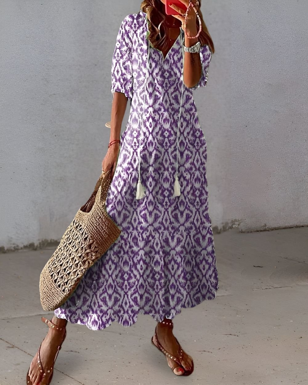 Boho Maxi Dress Short Sleeve Tassel Detail Flowing - Purple