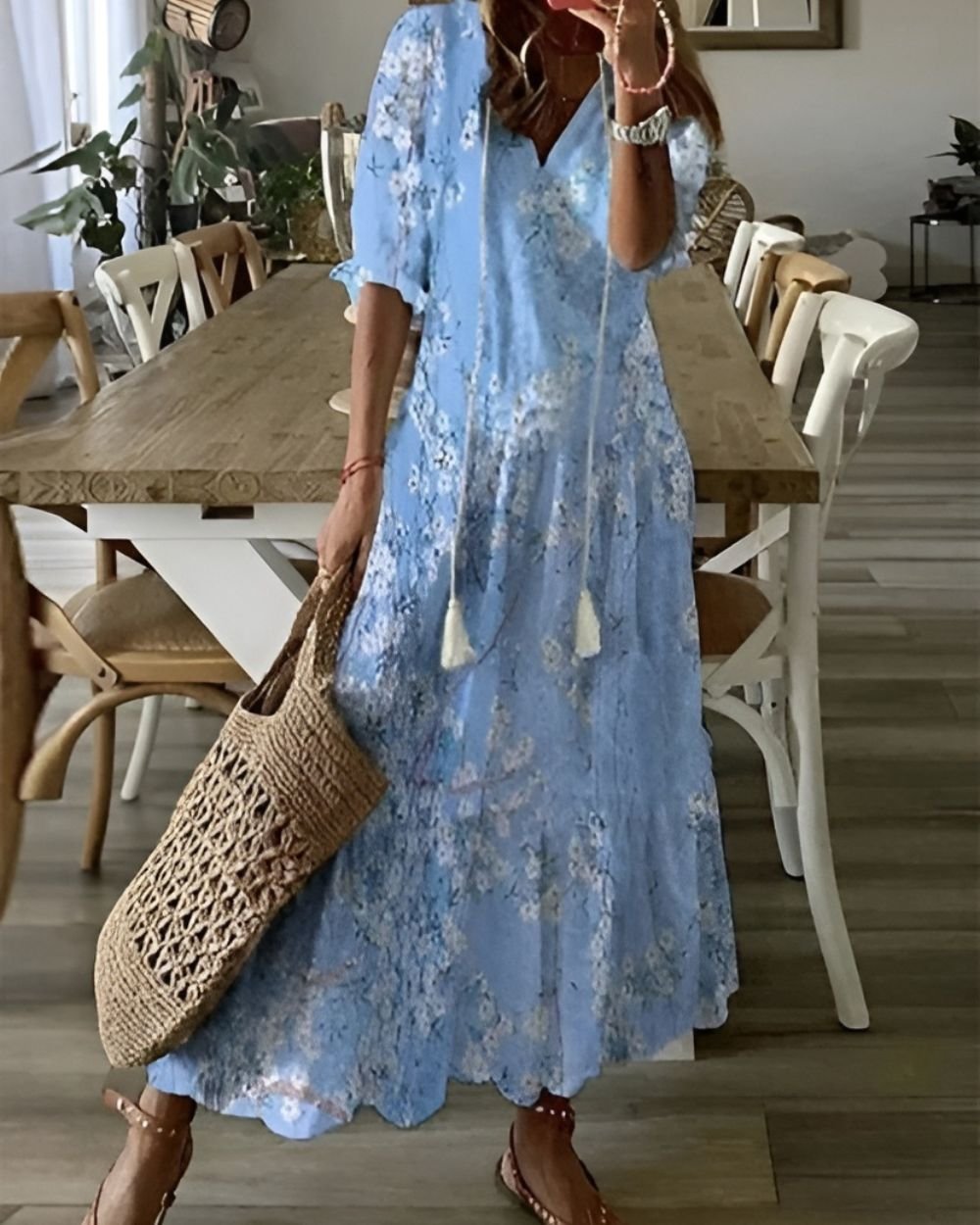 Boho Maxi Dress Short Sleeve Tassel Detail Flowing - Light Blue