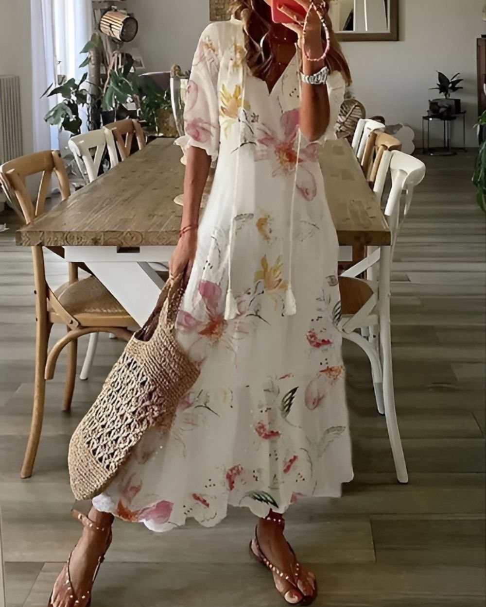 Boho Maxi Dress Short Sleeve Tassel Detail Flowing - White 1 (Almost sold out)