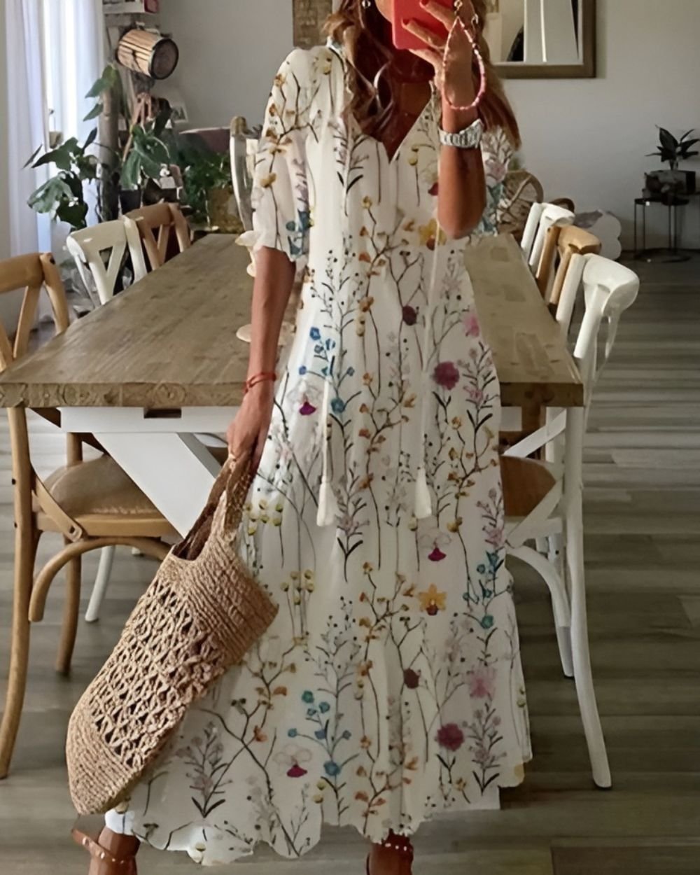 Boho Maxi Dress Short Sleeve Tassel Detail Flowing - White 2